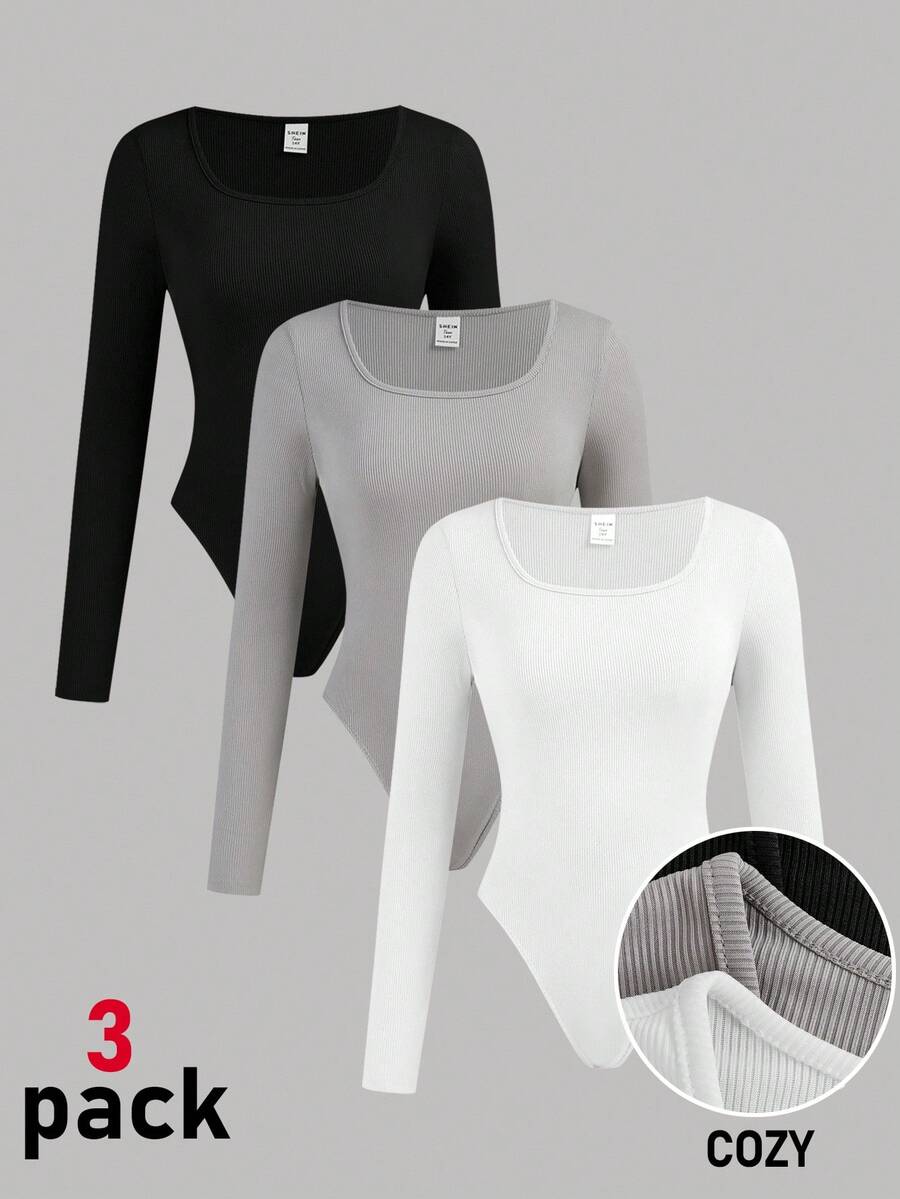 SHEIN Girlism Teen Girls' Casual Teen Girls 3pcs/Set Black White Gray Square Collar Knit Solid Color Long Sleeve Snap Front Bodysuit Buy 1 Get 2 Free, Autumn Winter Fall Outfits Festival, Halloween, Christmas, New Year, Christmas Gift Great For Casual & Daily Wear & School Daily In Autumn & Winter Suitable For Autumn/Winter Daily Wear,Street Style, Home 3 Packs Tops - Multicolor - View 1