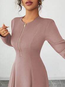 Elenzga Women's Elegant Coffee Brown Round Neck Front Zipper High-End Design Waist Fitted Flared Long Sleeve Midi Dress, Suitable For Commuting In Autumn - Dusty Pink - View 5