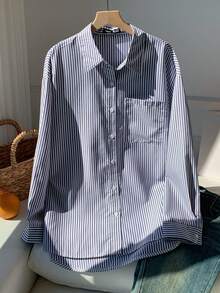 Comfortcana Áo sơ mi nữ tay dài xếp ly màu xanh navy kẻ sọc thường ngày có dây buộc phía trước - Màu xanh hải quân - Xem 4
