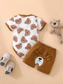 SHEIN Playful Pals Bộ 2 món cho bé sơ sinh trai/gái, kiểu dáng thường ngày, in hình gấu dễ thương, áo liền quần tay ngắn và quần short, thích hợp cho các hoạt động ngoài trời, mùa xuân/hè. - Nhiều màu - Xem 7