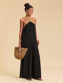 Travachic Bộ đồ liền thân đan chéo tối giản màu tương phản dành cho nữ mặc hàng ngày - màu đen - Xem 3