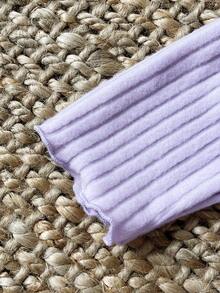 SHEIN 女婴新生儿0-3岁休闲日常百搭时尚外套高领落肩罗纹针织长袖上衣+喇叭裤套装，女婴秋冬服装，卡其色 - 淡紫色 - 查看 5