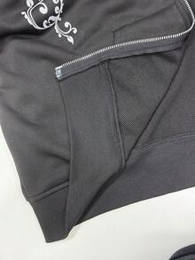 StreetHx Thời trang nữ Y2K, Quần áo Y2K, Phong cách đường phố Y2K, Thời trang thường ngày nữ, Phong cách Punk (1.9k, Áo nỉ tay dài dáng rộng họa tiết Gothic cổ lông trang trí) - màu đen - Xem 7