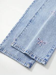 SHEIN Teen Girls' Straight Leg Jeans,Blue Y2K Denim,Summer Sweet 16 Back-To-School,Bow Embroidery Rhinestone Decor Relaxed Fit Cotton Elastic Waistband - Medium Wash - View 4