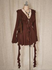 SHEIN ICON Váy ngắn xếp ly màu nâu thanh lịch cổ chữ V buộc dây phía trước co giãn co giãn Y2K dành cho nữ cỡ lớn mùa thu/đông trở lại trường học - màu nâu - Xem 4