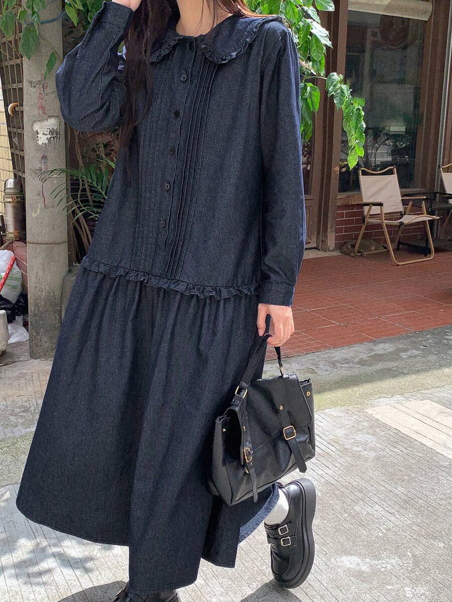 DAZY Women's Peter Pan Collar Long Casual Denim Dress - Dark Wash - View 1