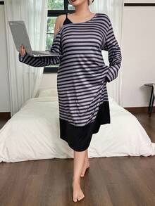 SHEIN 加大码条纹印花不对称肩部休闲睡裙，冬季 - 黑色 - 查看 3