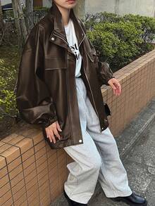 FRIFUL Chaqueta holgada con caída de hombros de moda para mujer, adecuada para ir al trabajo en otoño - Marrón - Ver 11