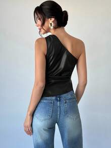 Firerie 金属搭扣装饰单肩侧褶皮革无袖女士上衣，秋季女士单肩办公上衣 - 黑色 - 查看 5