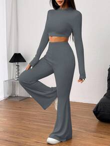 SHEIN EZwear 2 件套女式休闲纯色针织圆领长袖短款修身 T 恤和高腰喇叭裤 - 灰色 - 查看 5