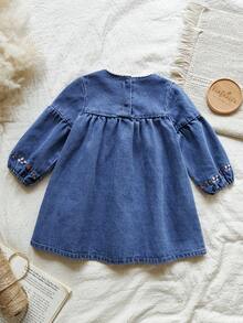 Vintaside Kids 1pc Girls Autumn Dress,Blue Floral Embroidered,Round Neck With Lace Trim,Long Sleeves,Elegant Party Princess,Vintage French Style Casual Dress - Medium Wash - View 2