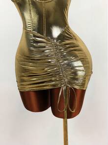 Amplova 女士金属质感镂空抽绳设计露背性感派对迷你连衣裙 - 金色 - 查看 5