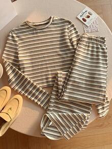 Comfortcana 女式休闲条纹上衣和裤子两件套，秋季 - 彩色 - 查看 4