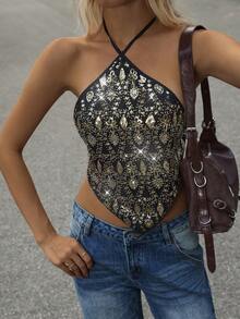 Chiquease Women's Halter Sequin Tank Top, Sexy Sequins Elegant Top For Party, Date - Apricot - View 3