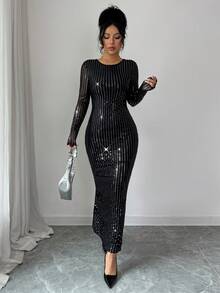 Rafferiza Damen Herbst glänzendes Pailletten Strick Mesh Stoff Rundhals Langarm Rückenfreies Schnürkleid, elegante Damenkleidung für Feste und Herbst/Winter - Schwarz - Übersicht 5