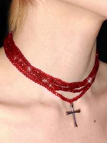Y2Kool 1pc 5-Layer Cross Necklace With Glass Crystal Suitable For Daily Wear, Unisex - Red - View 3