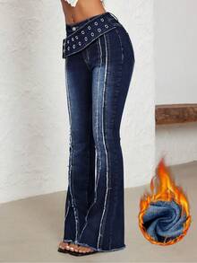 Jeanoix Quần jeans ống loe cạp rộng, ống thấp, có lỗ xỏ dây - Rửa tối - Xem 3