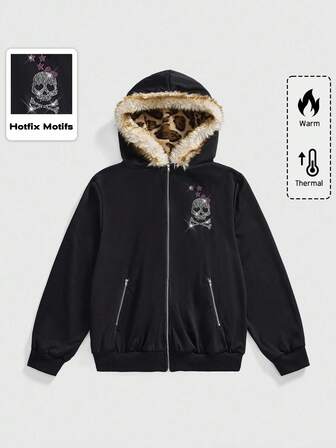 Große Größen Gothic Punk Schädel Knochen Schleife Strass Leopardenmuster Loose Fit Kapuzenpullover, Herbst/Winter Damen Große Größen Leopardenmuster Kapuzenpullover Damen Große Größen Oberteile