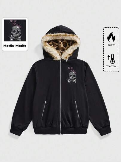 Plus Size Gothic Punk Skull Bone Bow Rhinestone Leopard Print Loose Fit Hoodie Sweatshirt, Autumn/Winter Plus Size Women Leopard Print Hoodie Sweatshirt Plus Size Women Tops