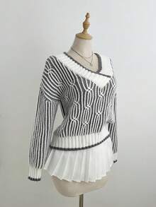 SHEIN Unity 1 pièce Pull ample en tricot asymétrique à col V rayé pour femmes, gris, style décontracté universitaire, manches longues, convient pour l'hiver - Gris - Voir 5
