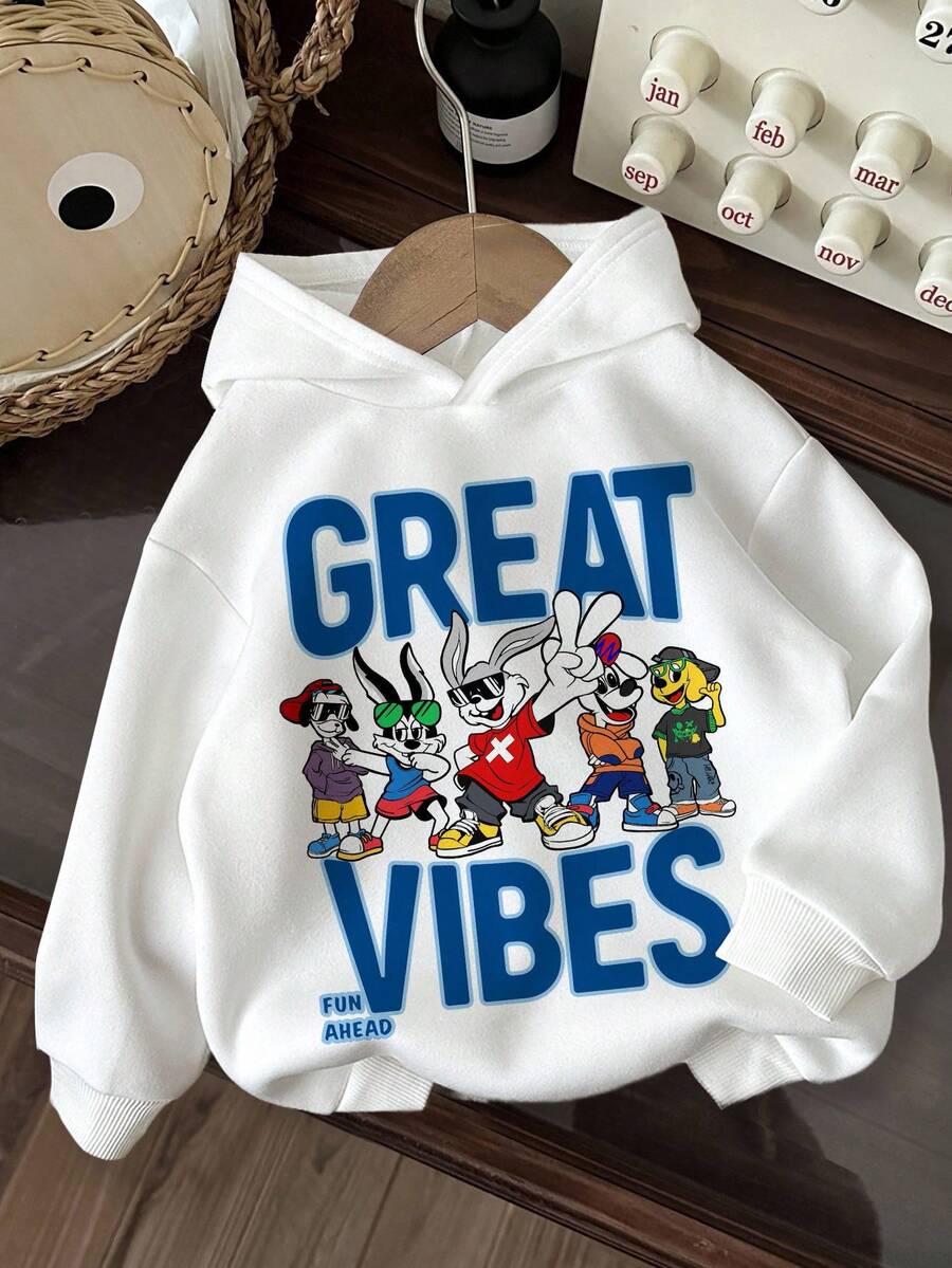 SHEIN Leap Crew Baby Boy Simple Letter Pattern Soft Knit Hooded Casual Thick Sweatshirt, Suitable For Autumn - White - View 1