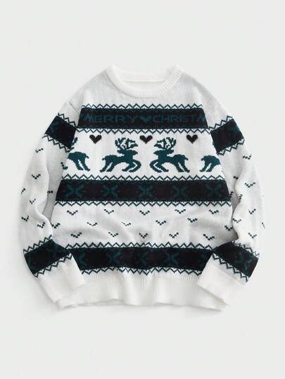 EASEVO Große Größen Herren Weihnachts Farbblock gestreifter Rentier Muster Pullover, Langarm Top