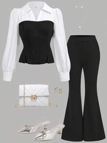 Girlism 少女优雅梭织拼布衬衫上衣和黑色喇叭裤套装 - 黑與白 - 查看 1