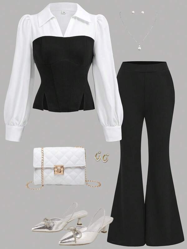 Girlism Teen Girls Elegant Woven Patchwork Shirt Top And Black Flare Pants Set Pants And Top Set Full Outfit Set 2 Piece Teen Set Two Piece Woman Set Pantsset