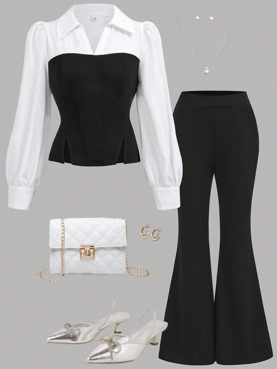 Girlism 少女优雅梭织拼布衬衫上衣和黑色喇叭裤套装 - 黑與白 - 查看 1