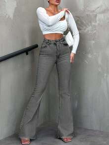 SHEIN Tall Women's High Waist Pocket Frayed Hem Casual Versatile Flare Jeans - Light Grey - View 4