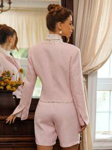 Glamine Charm Light Pink Summer Ellegant Pearl Decor Tweed High-End Jacket And Shorts Set For Women,Fashionable Tea Party Pink Suits Women Suit Set Blazer Suits - Baby Pink - View 2