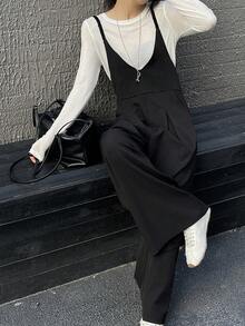 DAZY 女式宽松纯色露背优雅休闲阔腿连体裤，秋冬 - 黑色 - 查看 6