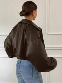 DAZY Women's Fashionable Versatile Solid Color Cropped Jacket, Autumn Leather Jacket Women Coats - Brown - View 2