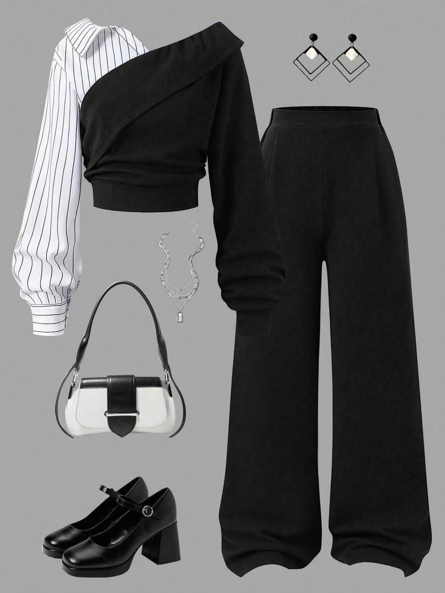 SHEIN 2件套少女时尚优雅通勤套装,纯色条纹衬衫+宽松阔腿裤 - 黑色 - 查看 1