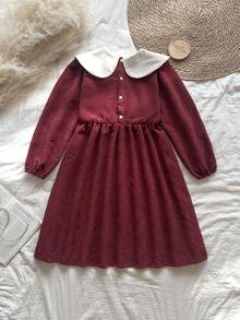SHEIN Vintaside Kids Girls Embroidered Collar Long Sleeve Dress, Puff Sleeve Waist Cinched Princess Dress, Fashionable & Versatile For Daily Wear, Spring/Autumn - Red - View 2