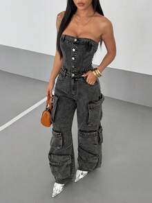 StreetHx 女式纯色前扣吊带背心连体裤，时尚实用牛仔连体衣