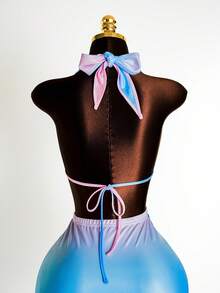 BamGleam The New Style Sexy Sleeveless Neckless Halter Top Revealing Back Openwork Strap Design Mini Shorts Dress For Ladies, With Gradient Coating Printed Fabric, Fashionable And Sexy YK2 Girlie Youthful Energetic Party Dress For Ladies, Suitable For Parties, Bars, Parties And New Year Sexy Formal Dress. - Baby Blue - View 5