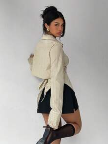 Aloruh Women's Casual Commuter Striped Cinched Waist Shirt - Yellow - View 7