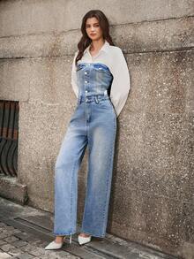 SHEIN Tall 水洗鏤空抹胸牛仔連身褲 - 藍色 - 查看 5