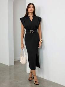 SHEIN Tall Damen einfarbiges V-Ausschnitt Dolman Ärmel figurbetontes Midi-Kleid, eleganter minimalistischer schwarzer langer Rock mit breiten Schultern und tiefem V-Ausschnitt, sexy elegant, einfach und vielseitig für den Arbeitsweg, schlanke elegante Urlaubsoutfits für Frauen, Sommerkleider für Frauen, Abschlussfeierkleider Taillenbund Kleid Schwarzes Arbeitskleid Damen Arbeitskleidung Kleider Gürtelkleid Büro - Schwarz - Übersicht 6