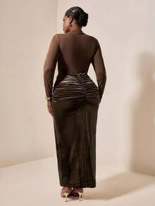EMERY ROSE Plus Size Chocolate Brown Elegant Autumn Dinner Maxi Dress,Women's Crew Neck Long Sleeve Drawstring Waist Patchwork Wedding Guest Boho Retro Dress - Brown - View 2