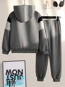 SHEIN 2件套青少年男童图案连帽运动衫和运动裤休闲装 - 灰色 - 查看 2
