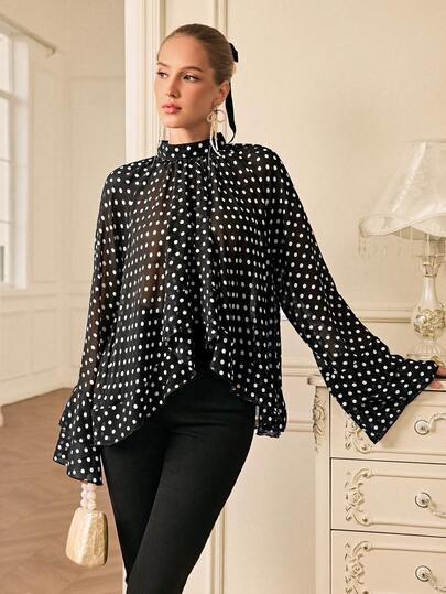 Aveloria Rosie Black Background White Polka Dot Print Chiffon Asymmetrical Hem Ruffle Collar Elegant Versatile French Style Blouse For Women