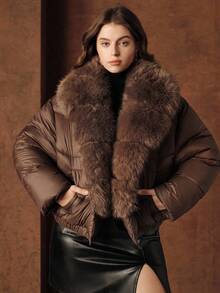 Anewsta Damen Große Größen Luxus plissierter Fellkragen, locker geschnittene kurze Jacke mit Kordelzug, dick, geeignet für Herbst, Autumn, Winter, elegant, schick, Neujahr, Lässig, Weihnachten - Braun - Übersicht 4