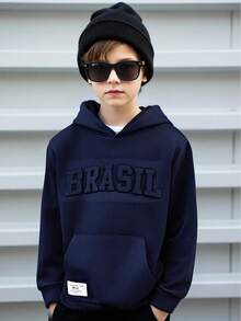 SHEIN Tween Boys' Embossed Letter Casual Oversized Men Hoodie Sweatshirt, Comfortable, Stylish, Versatile, Soft Fabric, Suitable For Daily Wear, School, Outings, Outdoor Activities, Autumn/Winter Boys Hoodie Kids Hoodie  Sweatshirts  Halloween   Hoodie Navy Blue Hoodie Dark Blue Hoodie Cotton Hoodie Hoodie With Pocket Fall Autumn And Winter Teen Hoodie