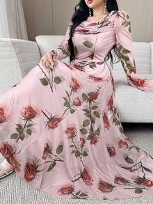 Modelyn 女式优雅花卉印花喇叭袖连衣裙 - 粉色 - 查看 5
