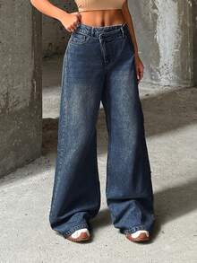 EURMUSE RueChic VINTAGE WASH HIGH WAIST WIDE LEG CUT ASYMMETRIC BELT DETAIL - Dark Wash - View 6
