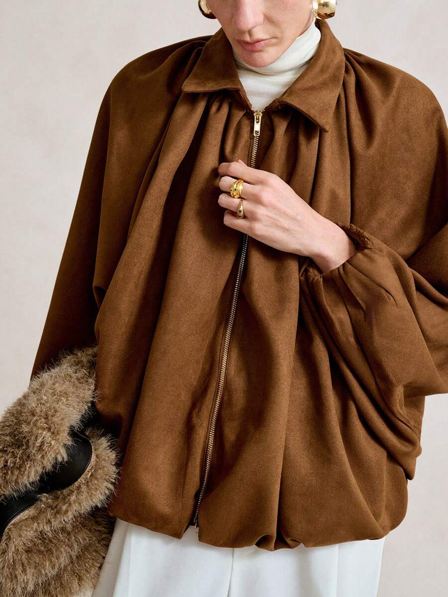SHEIN Stylify Women's Suede Thermal Lined Jacket,All Shades Of Brown,Autumn,Elegant,Everyday Shirt Collar Zip Up Lantern Sleeve Ruched Hem Retro French Streetwear - Coffee Brown - View 1