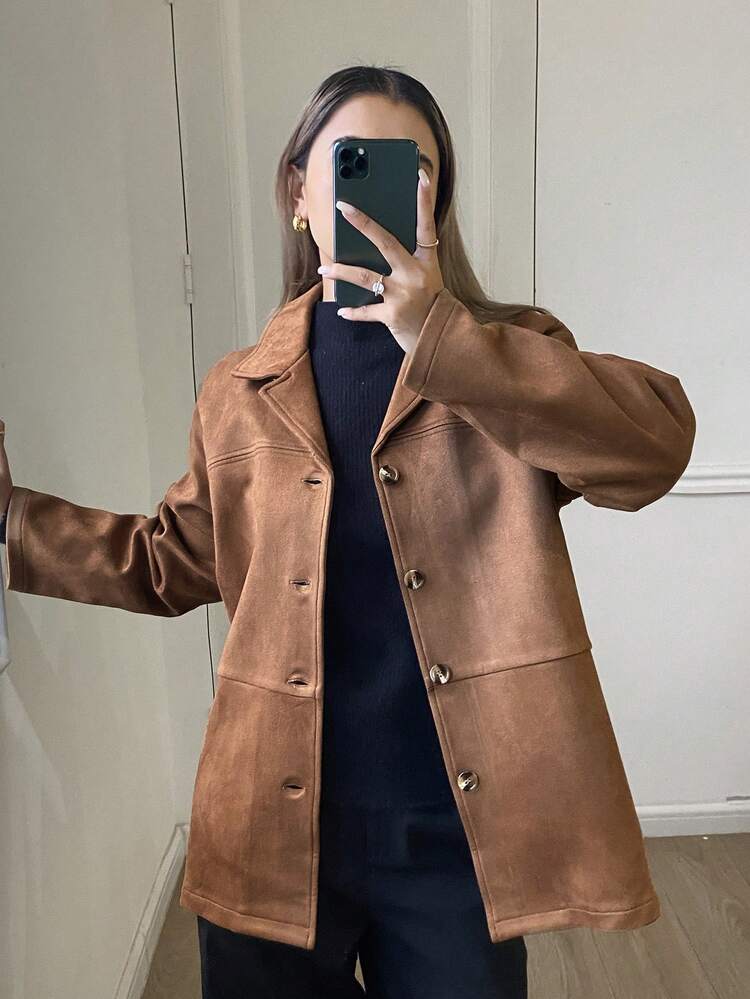 Women's Loose Solid Color Suede Long Sleeve Lapel Elegant Retro Jacket, Regular Fit, Autumn/Winter Women Coats