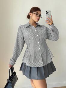 POPSWAY 美人鱼风格条纹腰部系带编织长袖休闲衬衫，宽松版型，适合学生、工作、校园，基本加大码 - 彩色 - 查看 3
